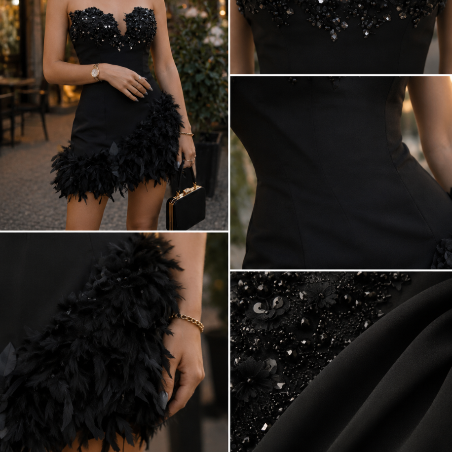 Midnight Blossom – Siyah İşlemeli Tüylü Mini Elbise