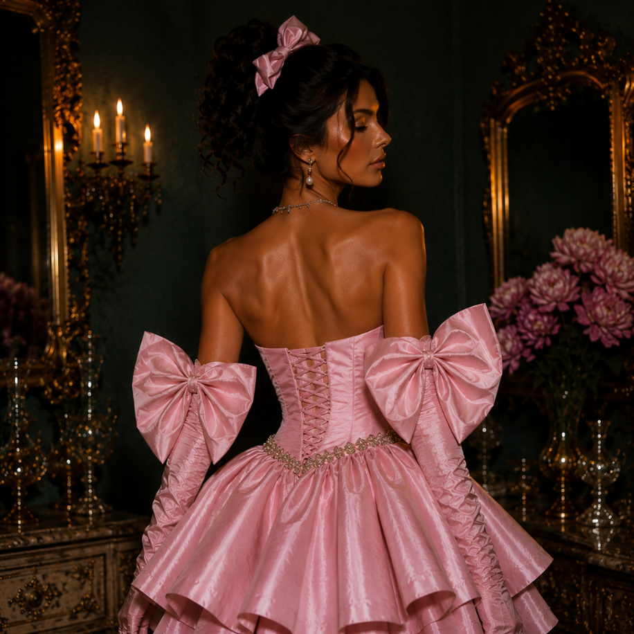 Barok Prenses – Tafta Pembe Couture Mini Elbise