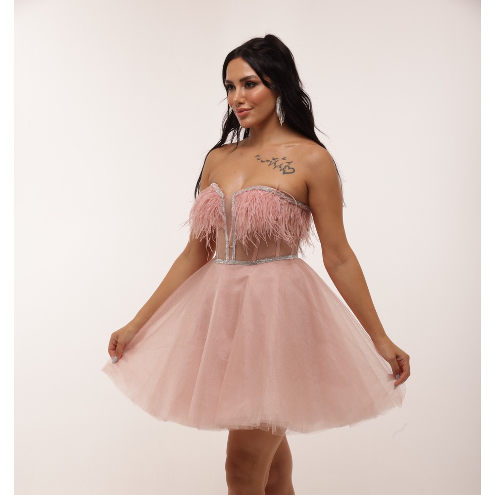 Ariadne Blush – Pudra Tüylü Couture Mini Elbise