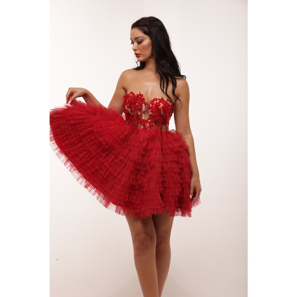 Astarte Rouge – Kırmızı Boncuk İşlemeli Tül Mini Elbise