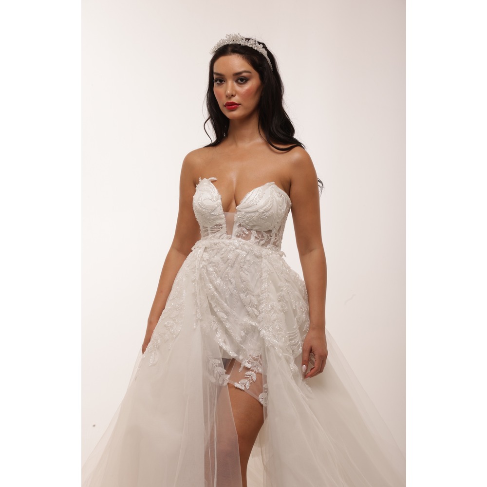 Frigg Bridal – Portatif Kuyruklu Beyaz Mini Elbise