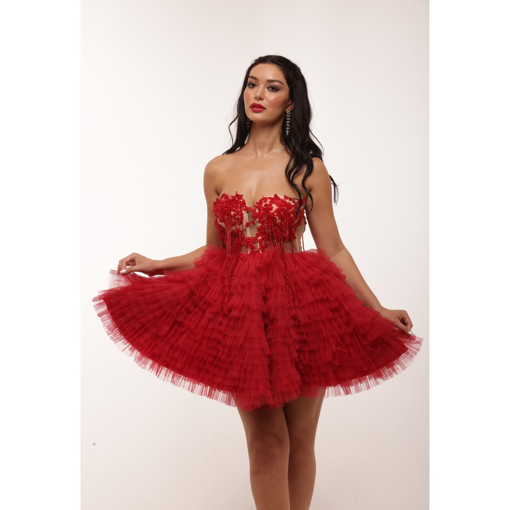 Astarte Rouge – Kırmızı Boncuk İşlemeli Tül Mini Elbise