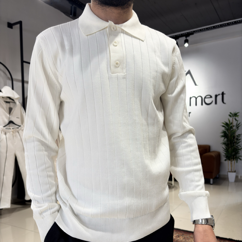 Çizgi Desenli Triko Polo Yaka Beyaz