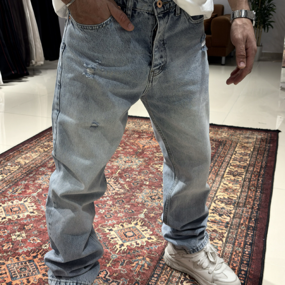 Yama Detaylı Baggy Jean Buz Mavi