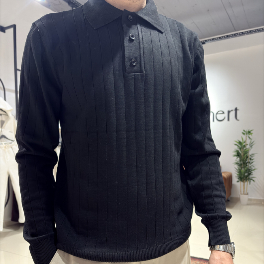 Çizgi Desenli Triko Polo Yaka Siyah