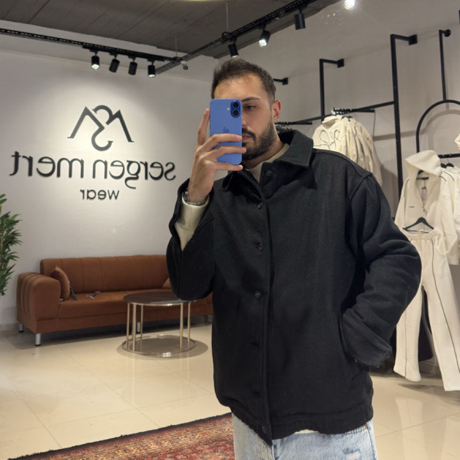 Oversize Nakış Detaylı Kaşe Ceket Siyah