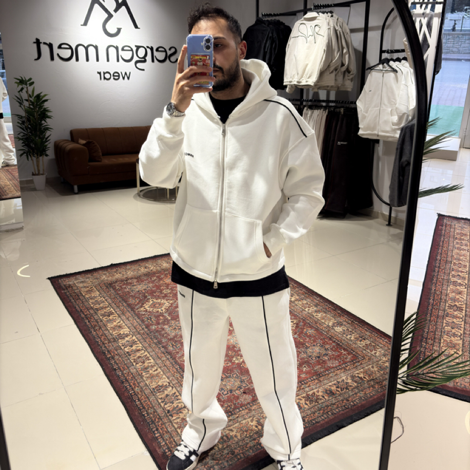 Siyah Şerit Detaylı Fermuarlı Hoodie Set Beyaz