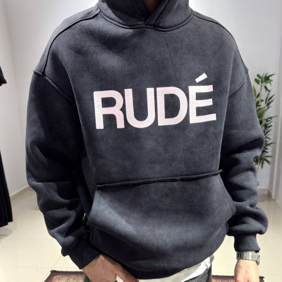Oversize Yıkamalı Kumaş Baskılı Hoodie