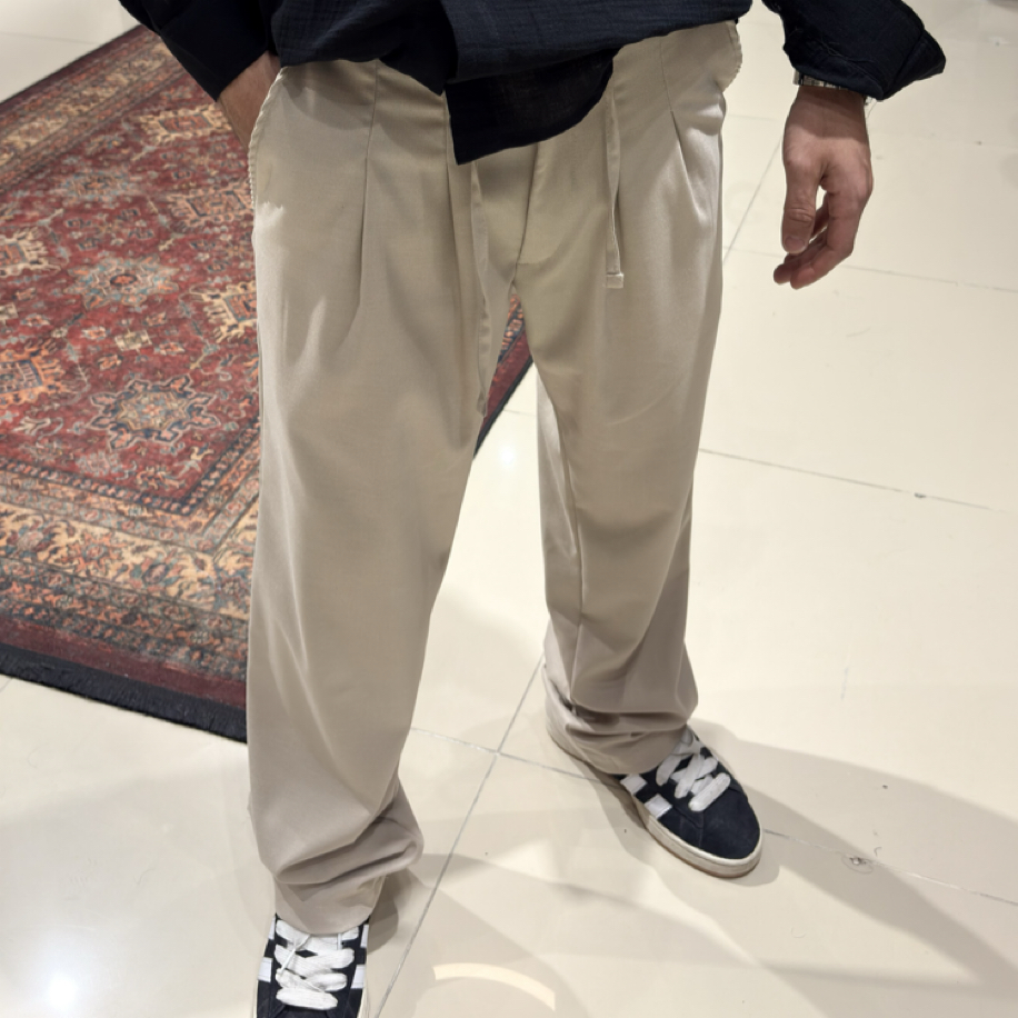 Baggy Kumaş Pileli Pantolon Bej
