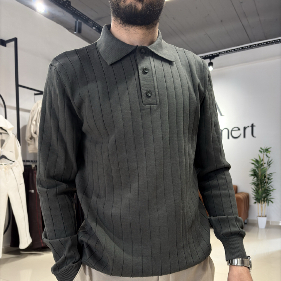 Çizgi Desenli Triko Polo Yaka Haki