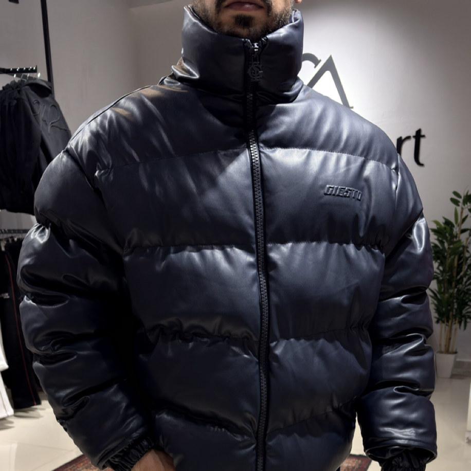 Oversize Kabartma Baskı Detaylı Şişme Deri Mont Lacivert