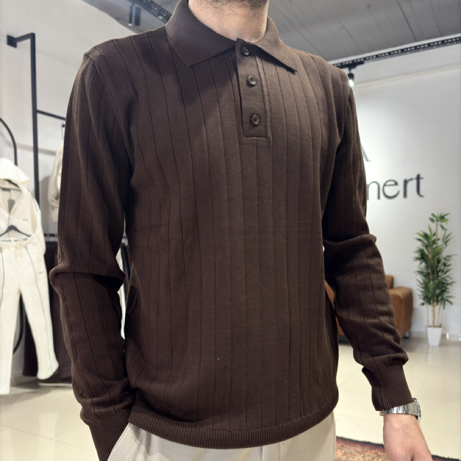 Çizgi Desenli Triko Polo Yaka Acı Kahve