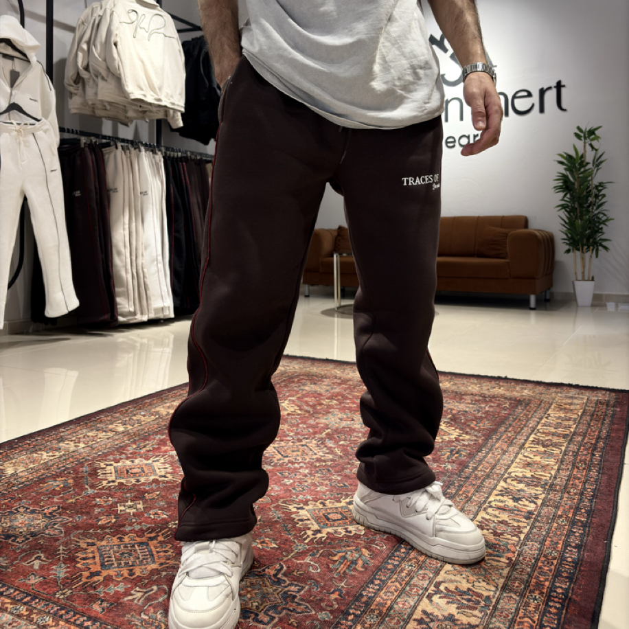 Şerit Ve Nakış Detaylı Baggy Eşofman Acı Kahve