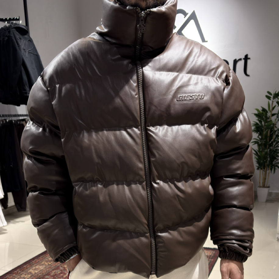 Oversize Kabartma Baskı Detaylı Şişme Deri Mont Acı Kahve