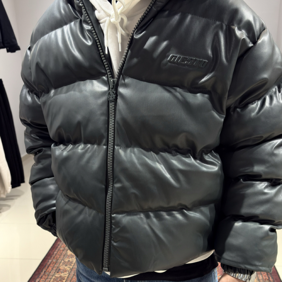 Oversize Kabartma Baskı Detaylı Şişme Deri Mont Petrol Yeşili