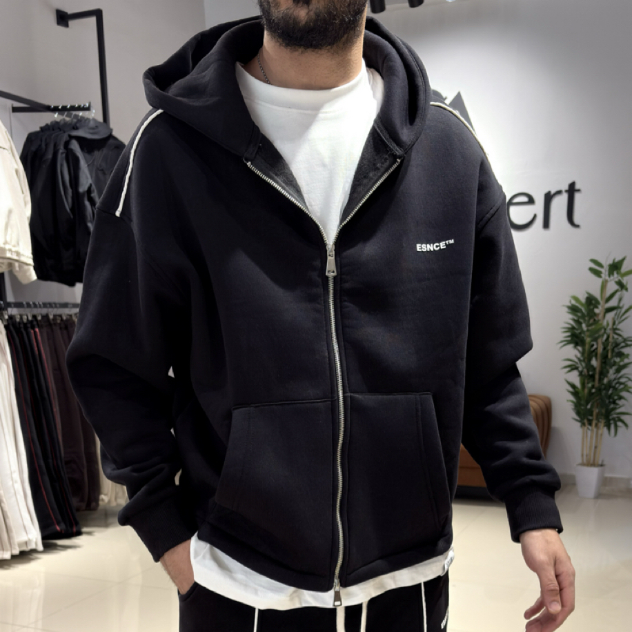 Beyaz Şerit Detaylı Fermuarlı Hoodie Set Siyah