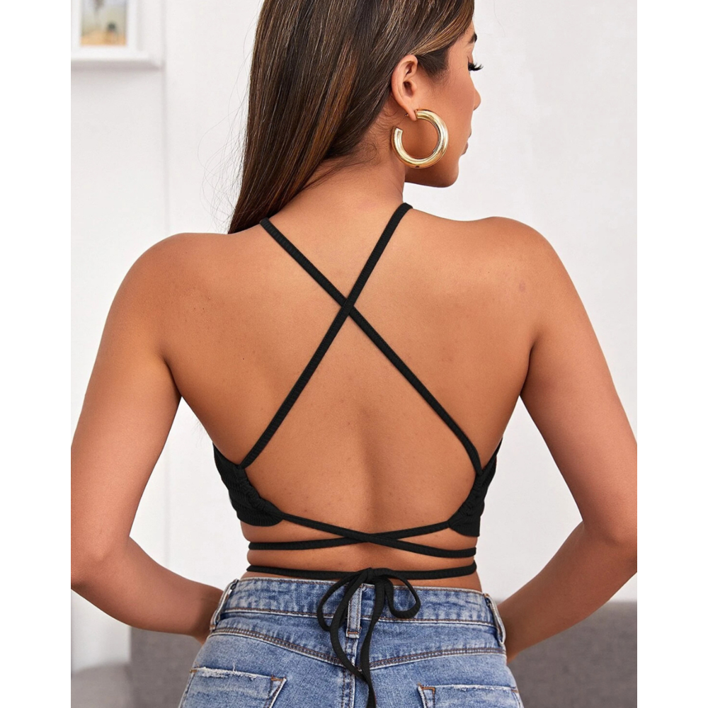 Sırtı Açık Boyundan Çapraz Bağlamalı Crop Top Bluz