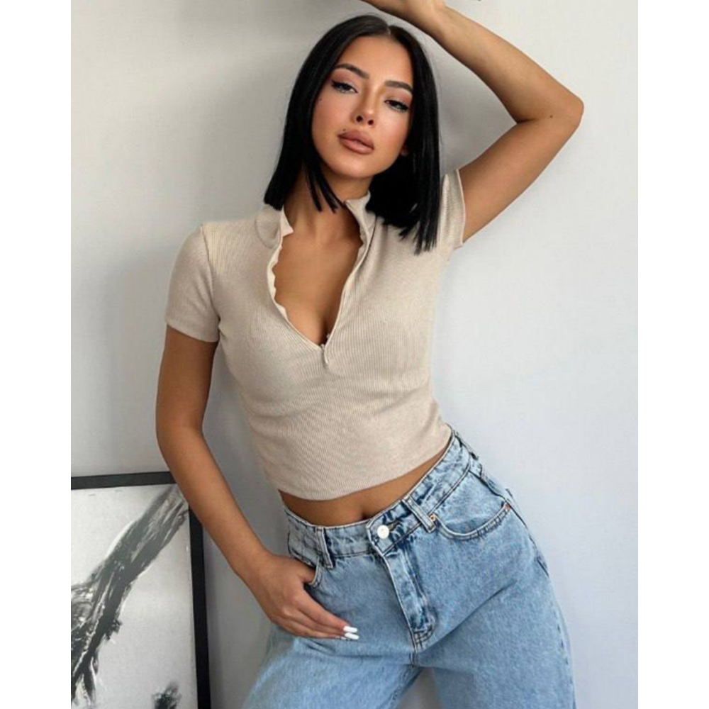 Bato Yaka Fermuarlı Kaşkorse Krem Crop Bluz