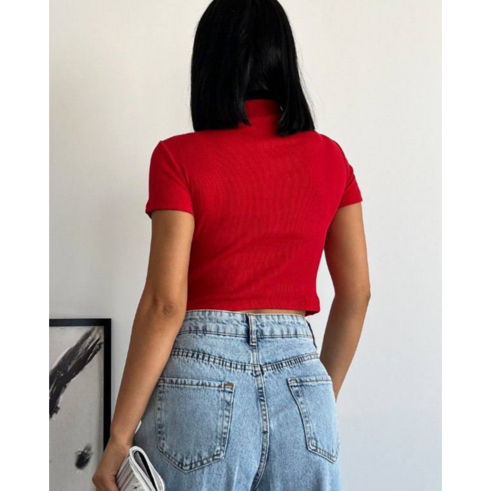 Bato Yaka Fermuarlı Kaşkorse Kırmızı Crop Bluz