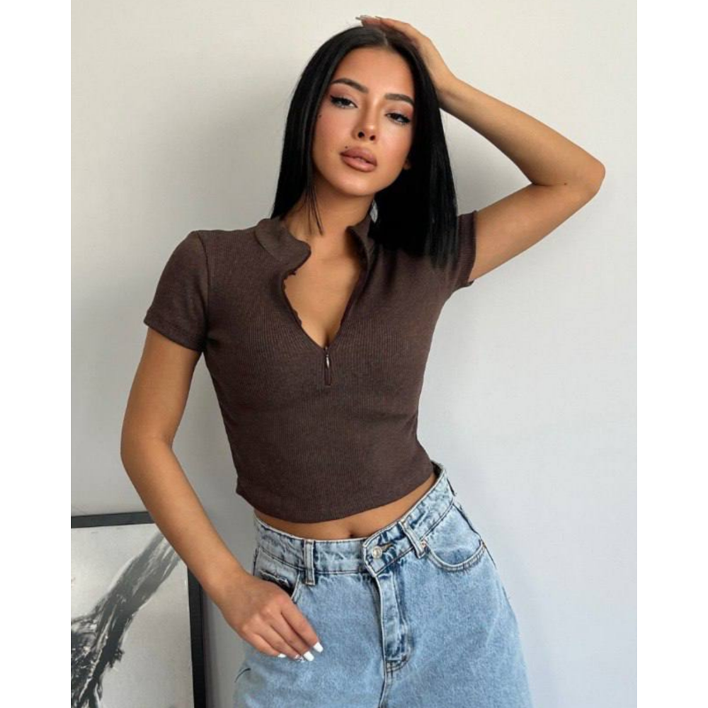 Bato Yaka Fermuarlı Kaşkorse Kahverengi Crop Bluz