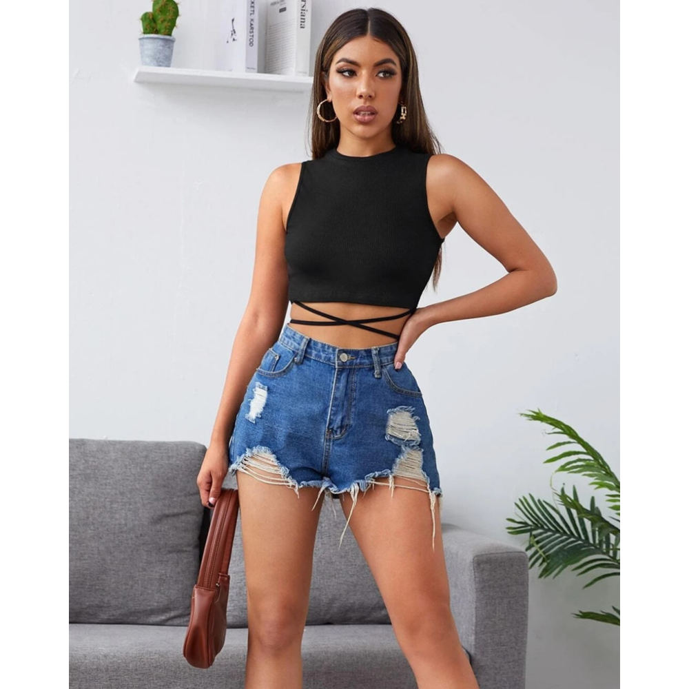 Çapraz Bağlamalı Siyah Crop Top Bluz
