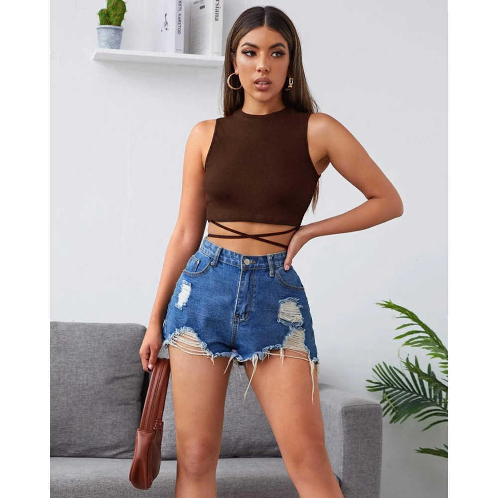 Çapraz Bağlamalı Kahverengi Crop Top Bluz