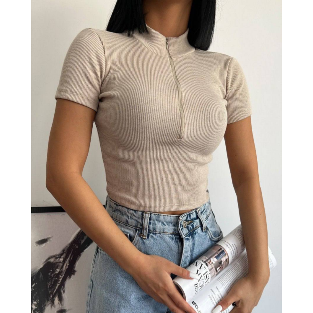 Bato Yaka Fermuarlı Kaşkorse Krem Crop Bluz