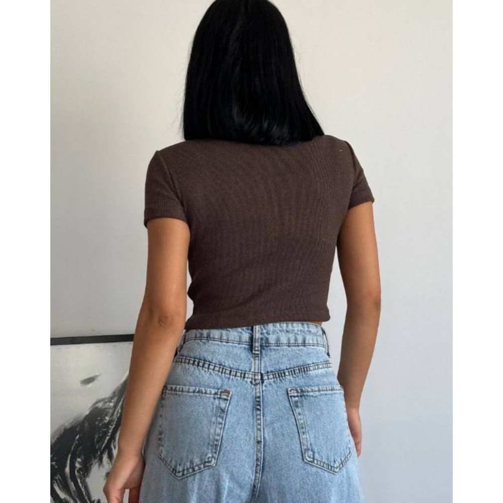 Bato Yaka Fermuarlı Kaşkorse Kahverengi Crop Bluz
