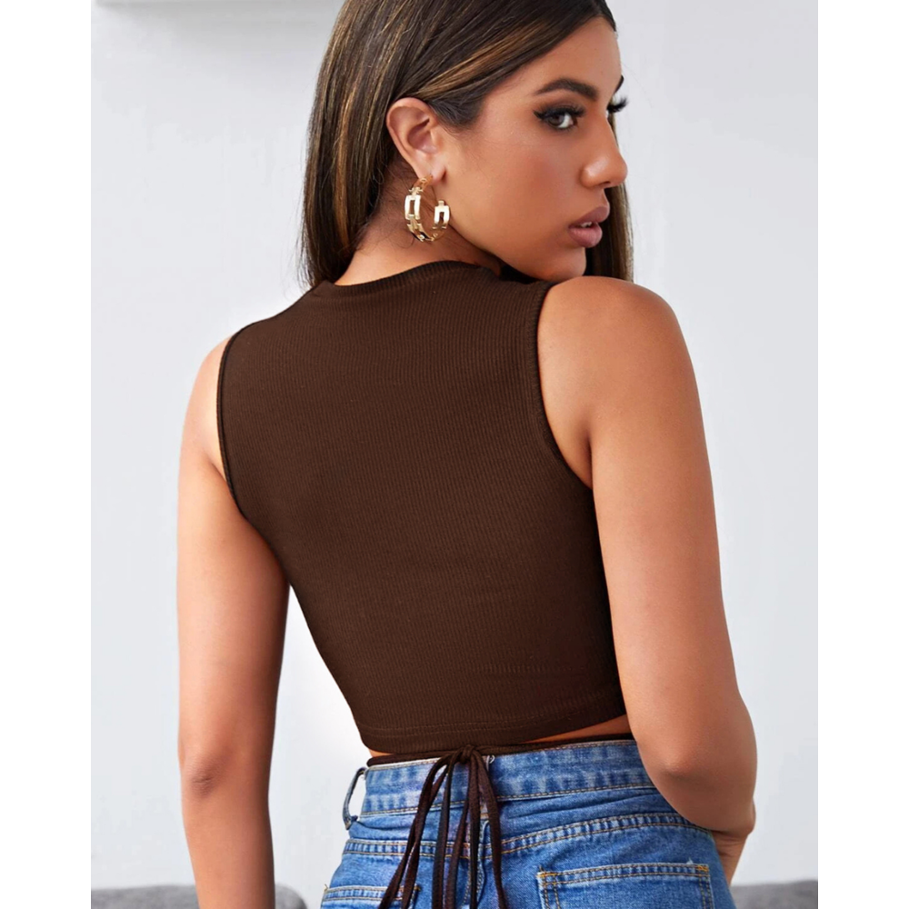 Çapraz Bağlamalı Kahverengi Crop Top Bluz