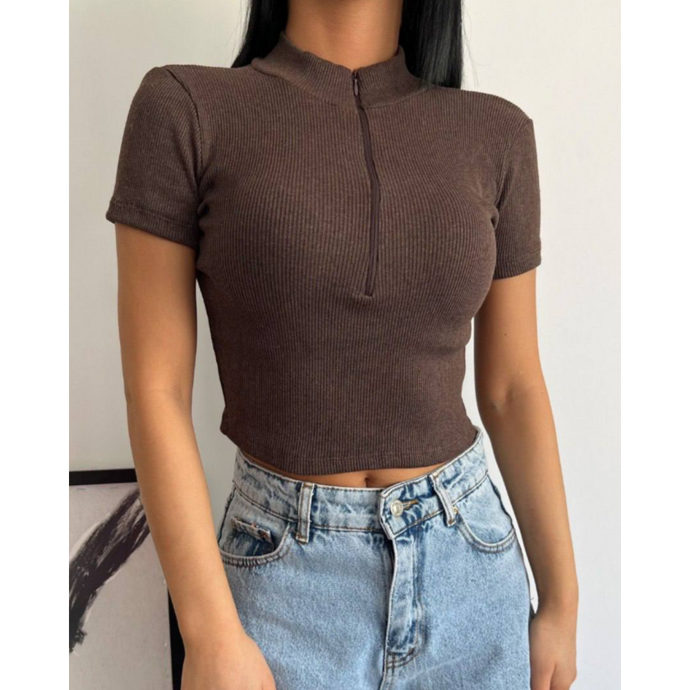 Bato Yaka Fermuarlı Kaşkorse Kahverengi Crop Bluz