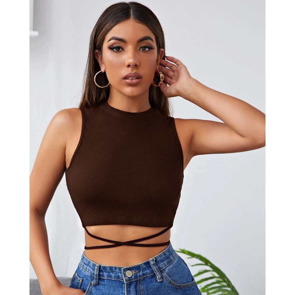 Çapraz Bağlamalı Kahverengi Crop Top Bluz