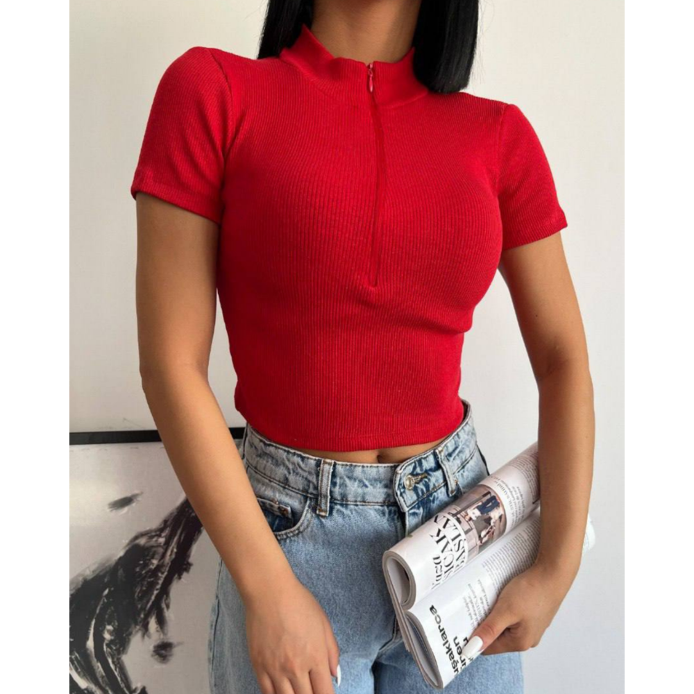 Bato Yaka Fermuarlı Kaşkorse Kırmızı Crop Bluz