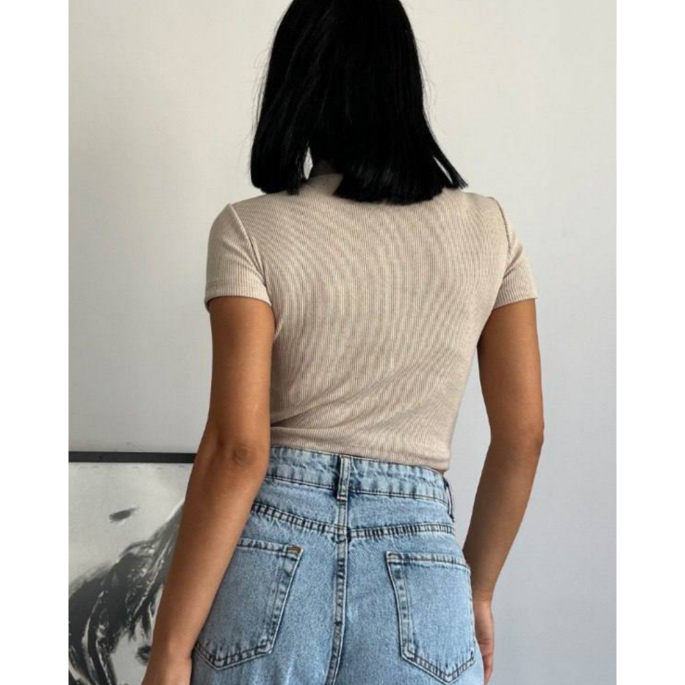 Bato Yaka Fermuarlı Kaşkorse Krem Crop Bluz