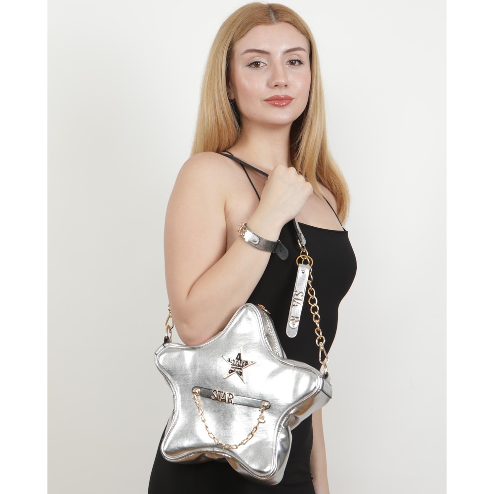 GRİ PARLAK SUNİ DERİ YILDIZ ÇANTA ALL STAR SET