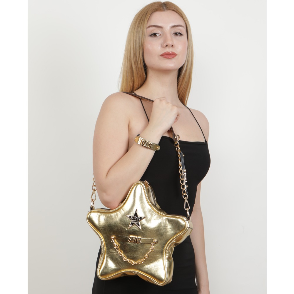 GOLD PARLAK SUNİ DERİ YILDIZ ÇANTA ALL STAR SET