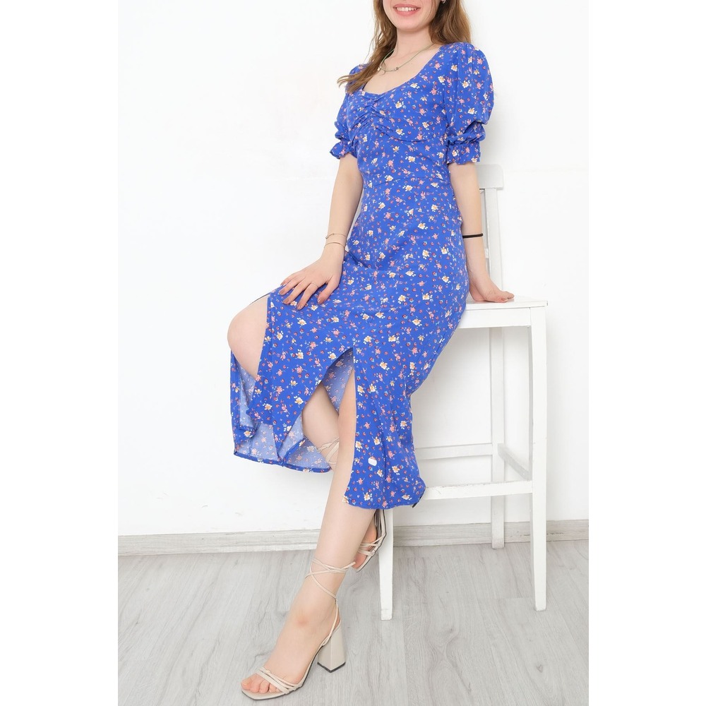 Büzgülü Elbise Saks - 5252.1234