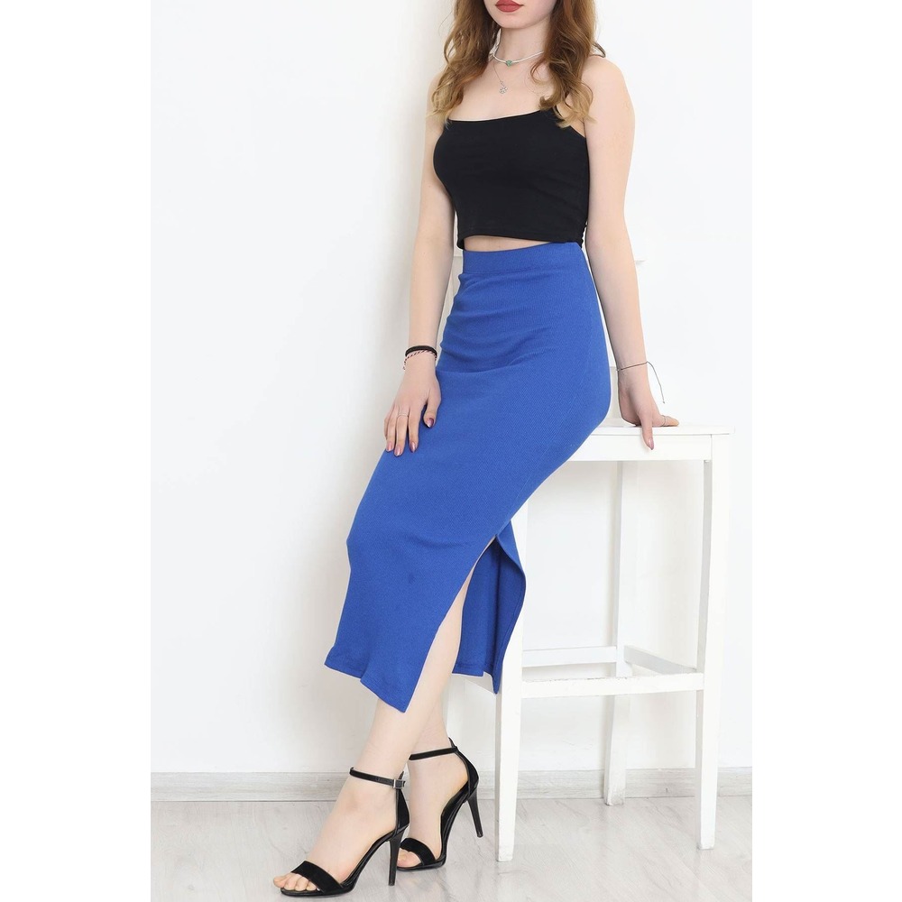 Yırtmaçlı Kaşkorse Etek Saks - 108001.1567