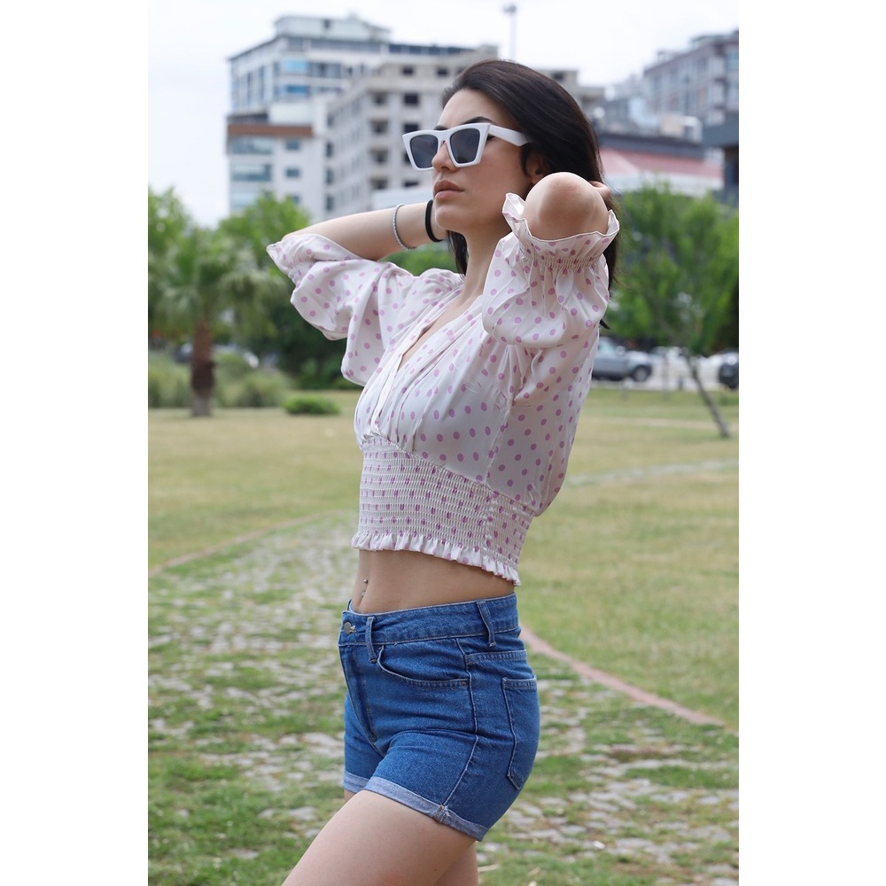 Bel Lastikli Puantiyeli Bluz Ekru - P-019711