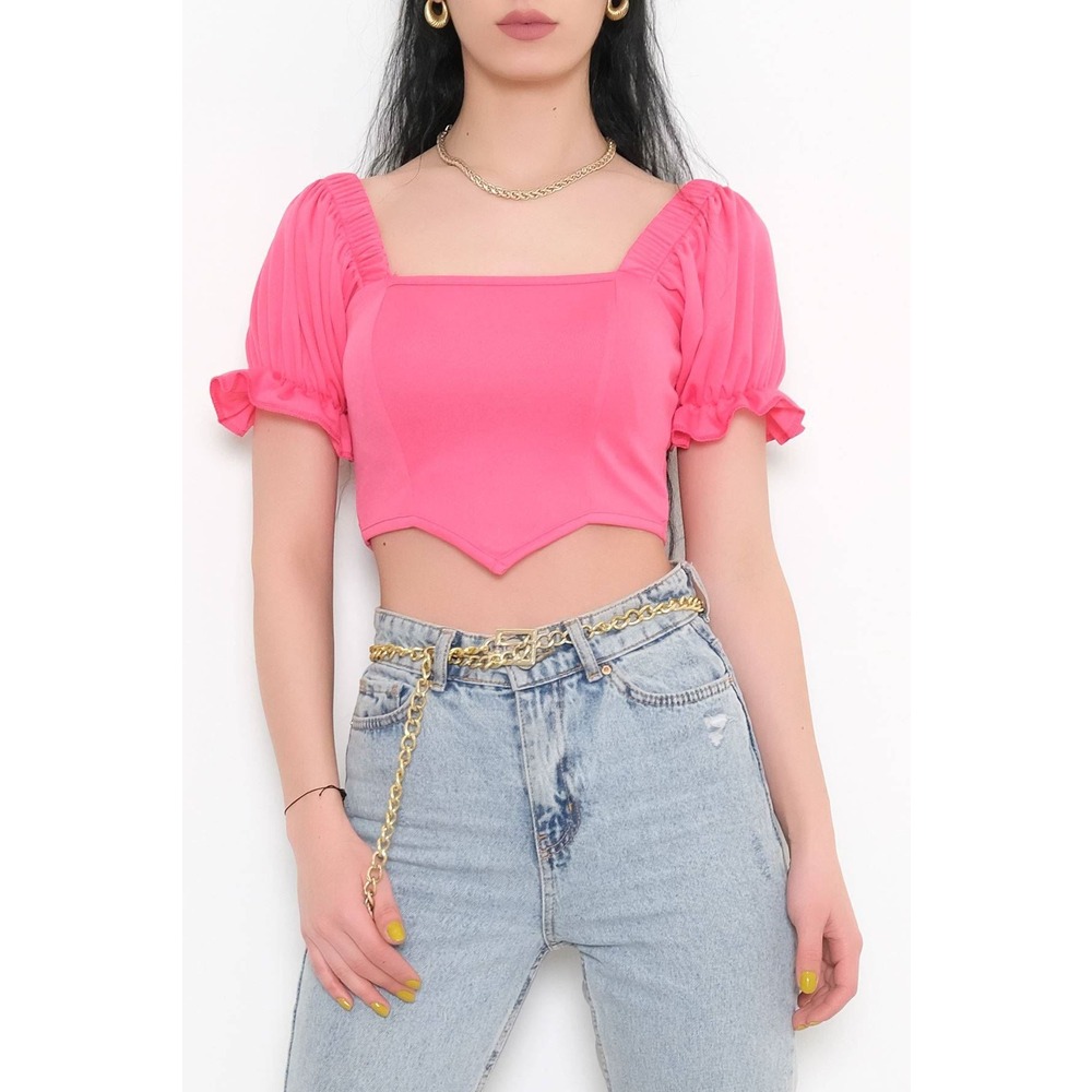 Balon Kol Crop Bluz Pembe - 10327.148