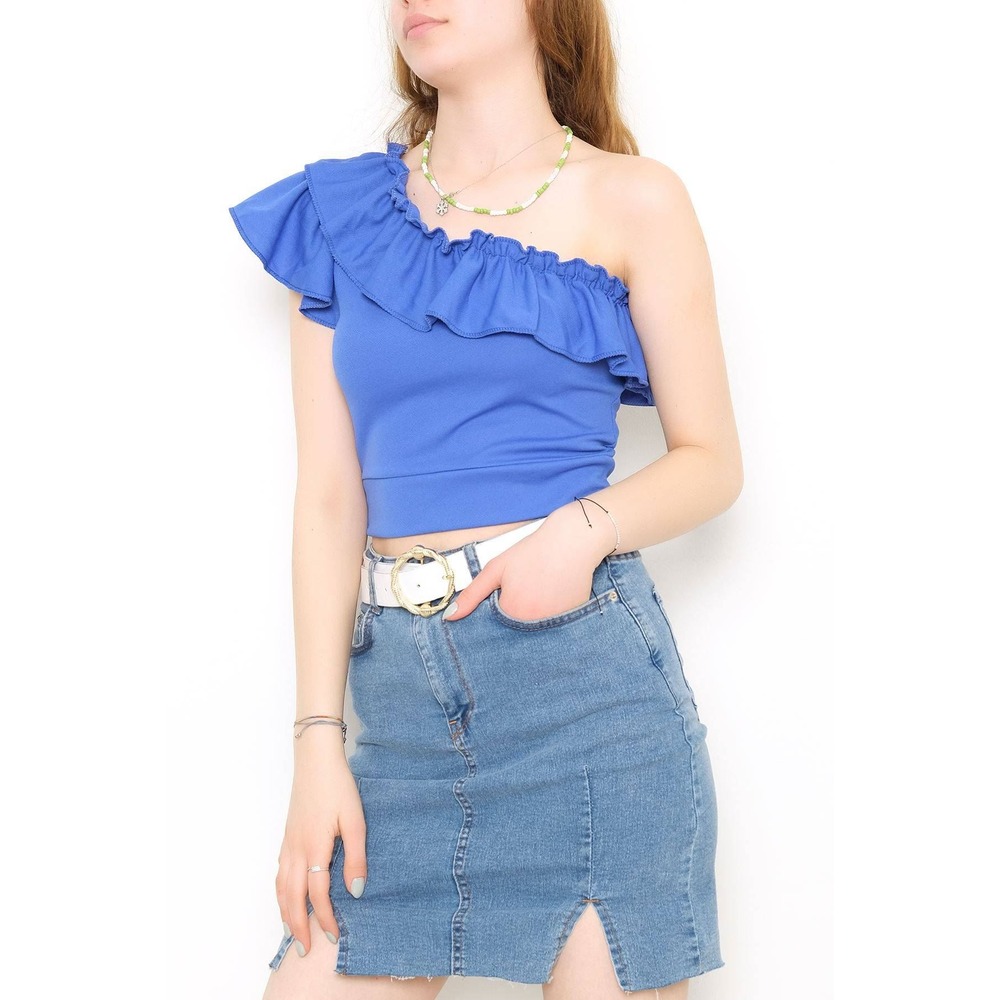 Tek Omuz Fırfırlı Bluz Saks - 10691.631