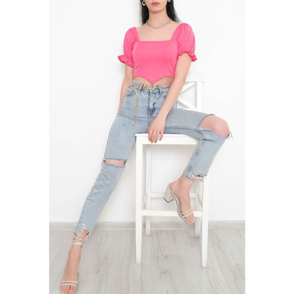 Balon Kol Crop Bluz Pembe - 10327.148