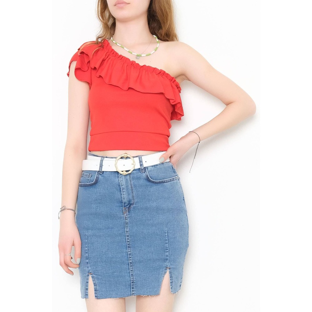 Tek Omuz Fırfırlı Bluz Kırmızı - 10691.631