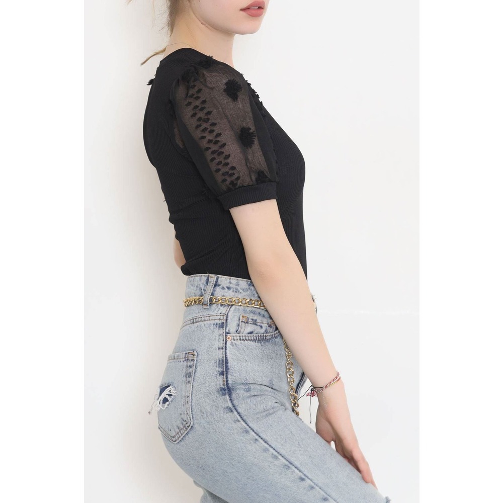 Tül Kollu Fitilli Bluz Siyah - 9171.224