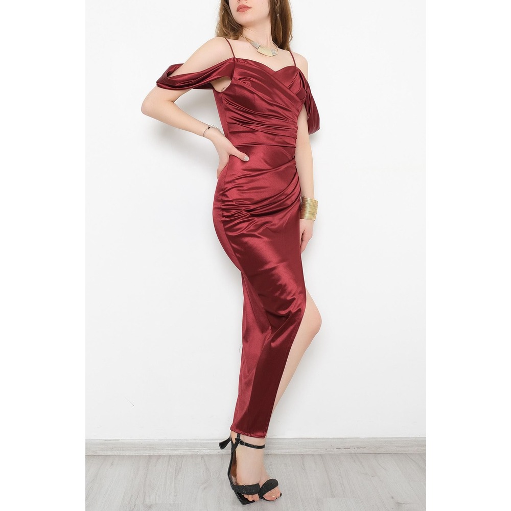 Düşük Omuz Saten Abiye Bordo - 39487.100
