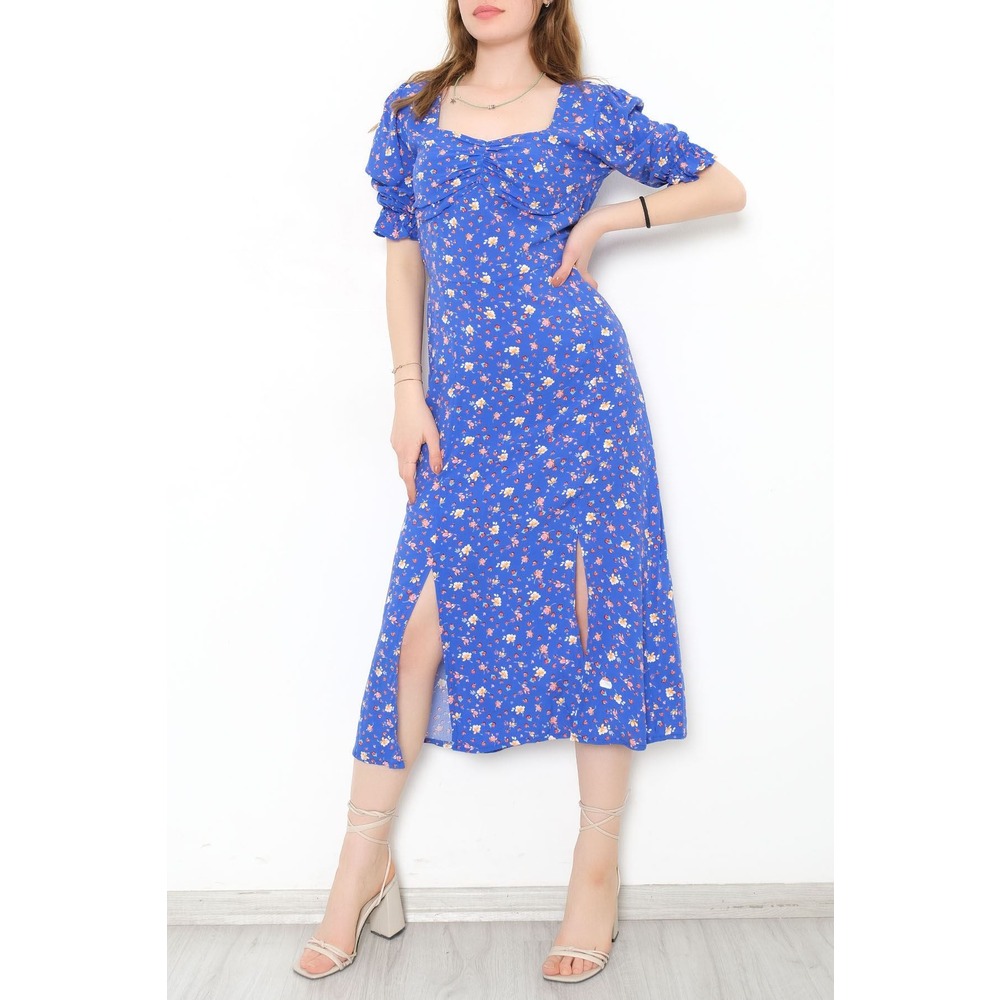 Büzgülü Elbise Saks - 5252.1234