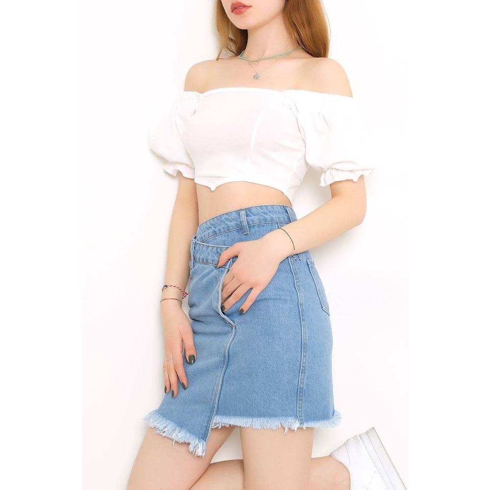 Balon Kol Crop Bluz Beyaz - 10327.148