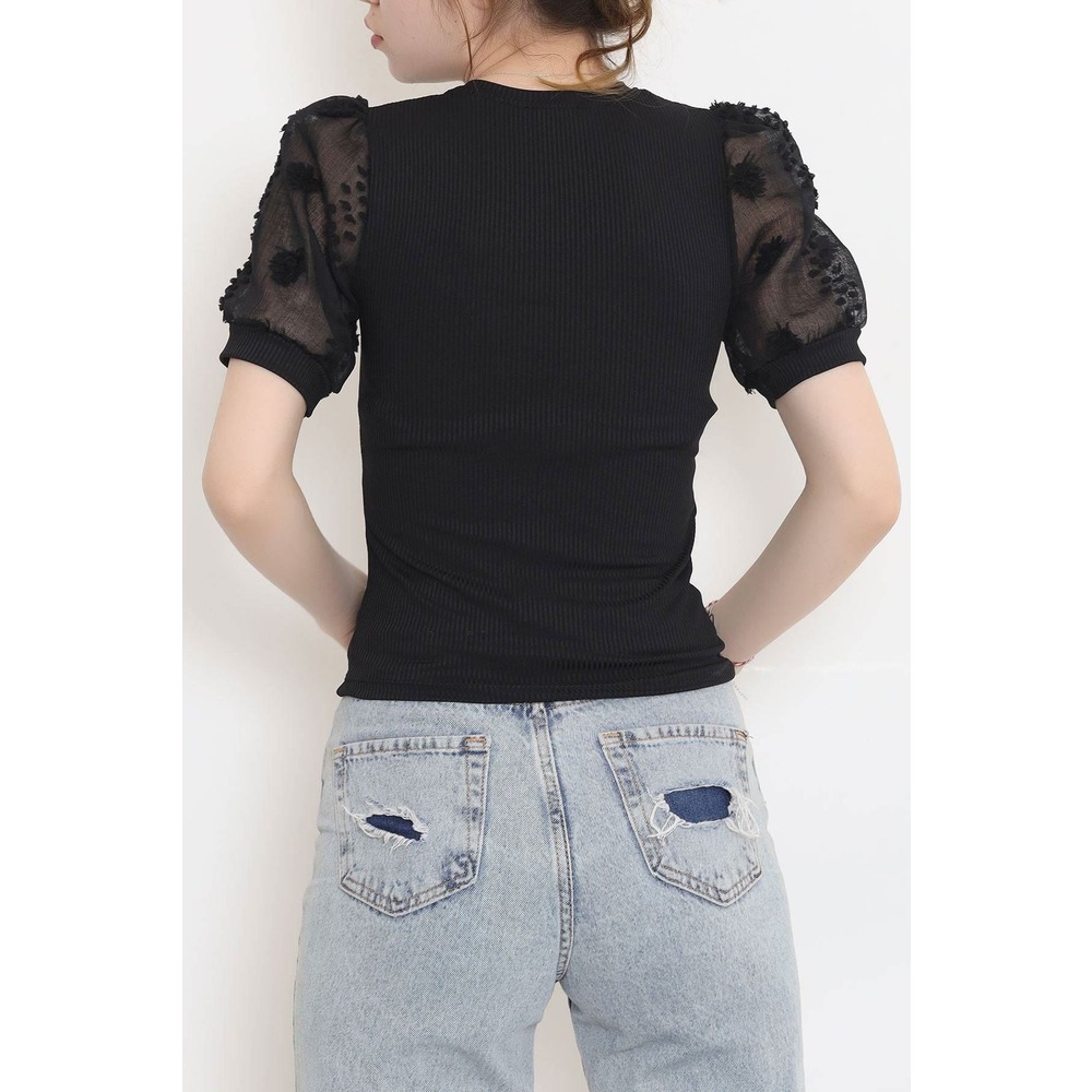 Tül Kollu Fitilli Bluz Siyah - 9171.224