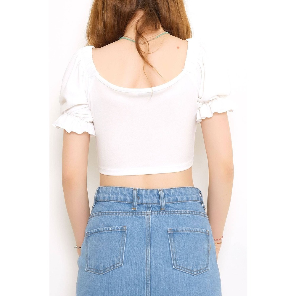 Balon Kol Crop Bluz Beyaz - 10327.148