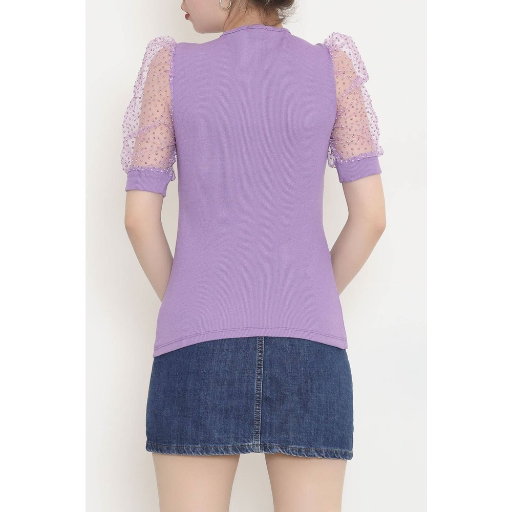 Kolları Tüllü Kruvaze Bluz Lila - 10499.1187