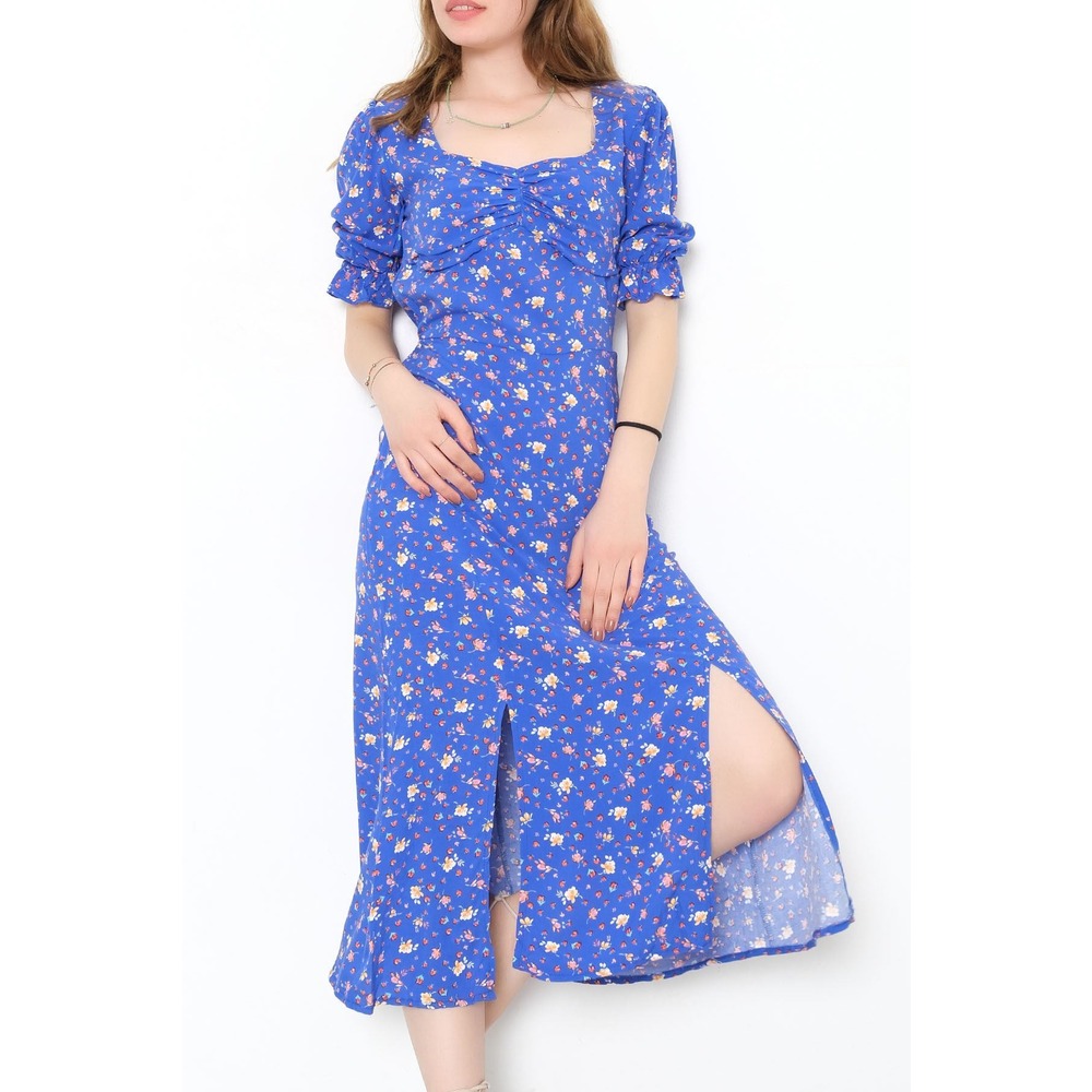 Büzgülü Elbise Saks - 5252.1234